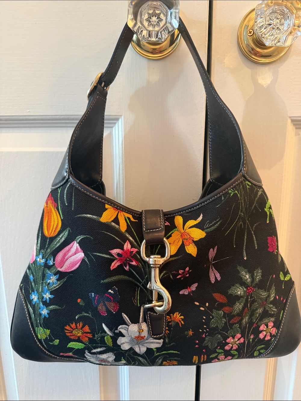 Gucci Floral Flora Jackie O Bouvier Hobo Print Black Shoulder Bag